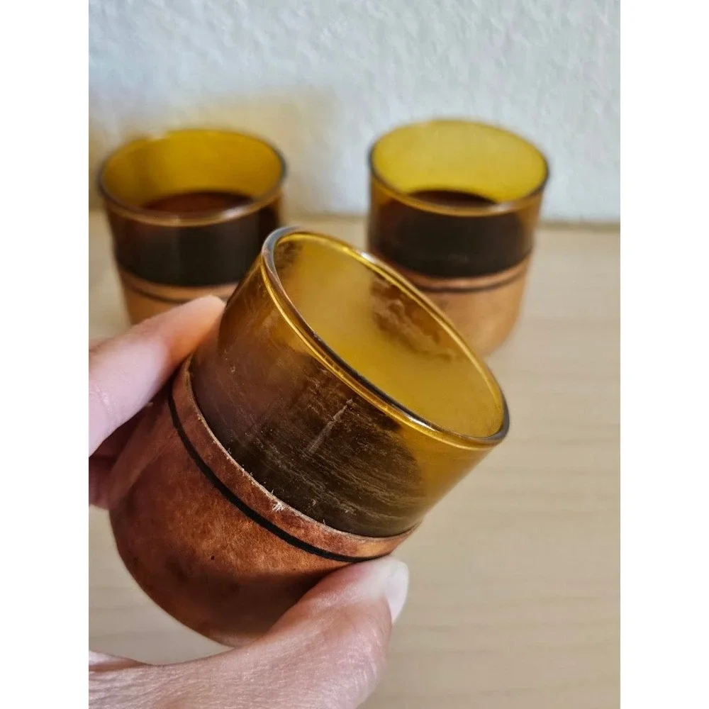 Vintage Leather Wrapped Amber Glass Decanter and 3 Shot Glasses Barware Set
